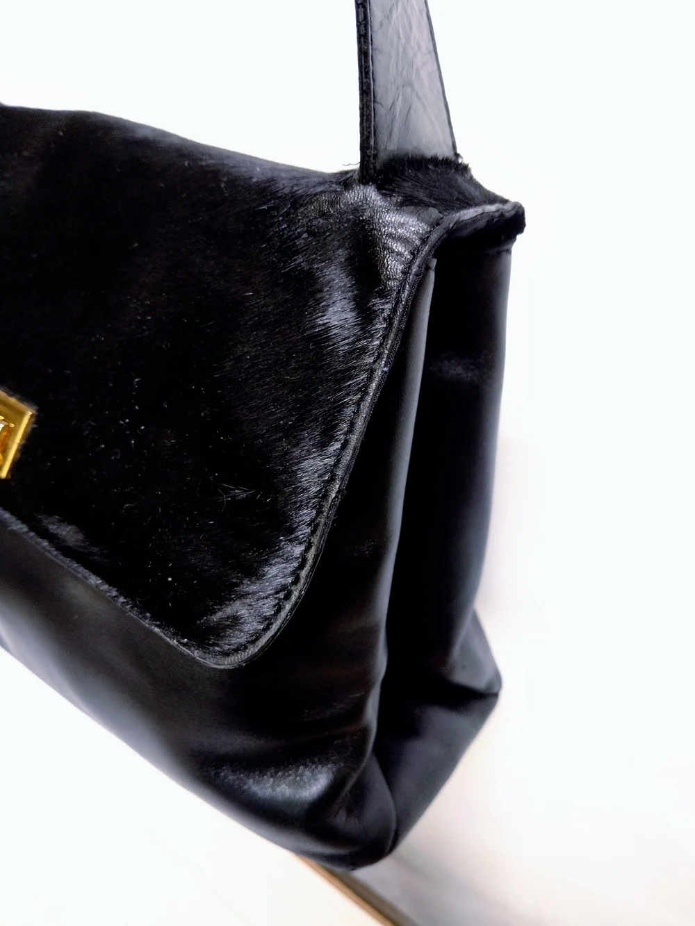 Black Leather and Haircalf Shoulder Bag with Gold Hardware From Adrienne Vittadi